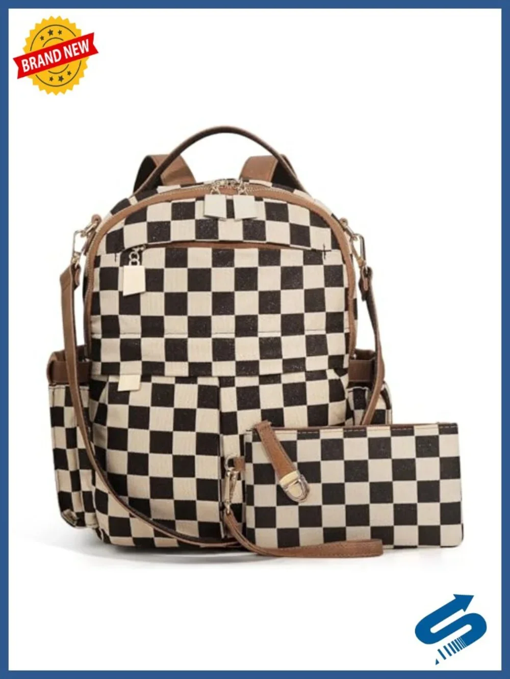 Checkered Canvas Backpack with Detachable Wallet Fashion Backpack Handbag for